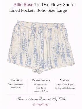 Allie Rose Tie Dye Flowy Shorts Lined Pockets Boho Size Large